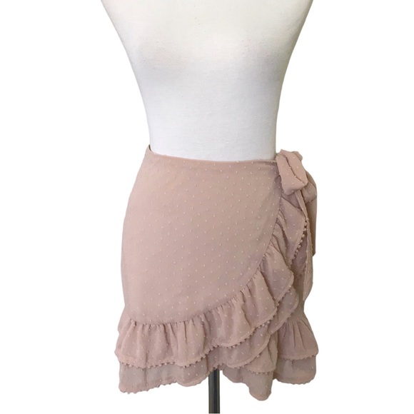 Tobi Blush Pink Swiss Dot Tiered Ruffle Chiffon Pom-pom Wrap Mini Skirt M - Picture 3 of 9